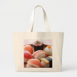 Adorable Sushi Selection on Wooden Plate Tote Jumbo Stoffbeutel