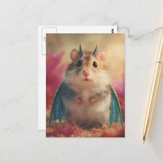 Adorable Sweet Hamster Dragon with Horns Postkarte (Vorderseite/Rückseite Beispiel)