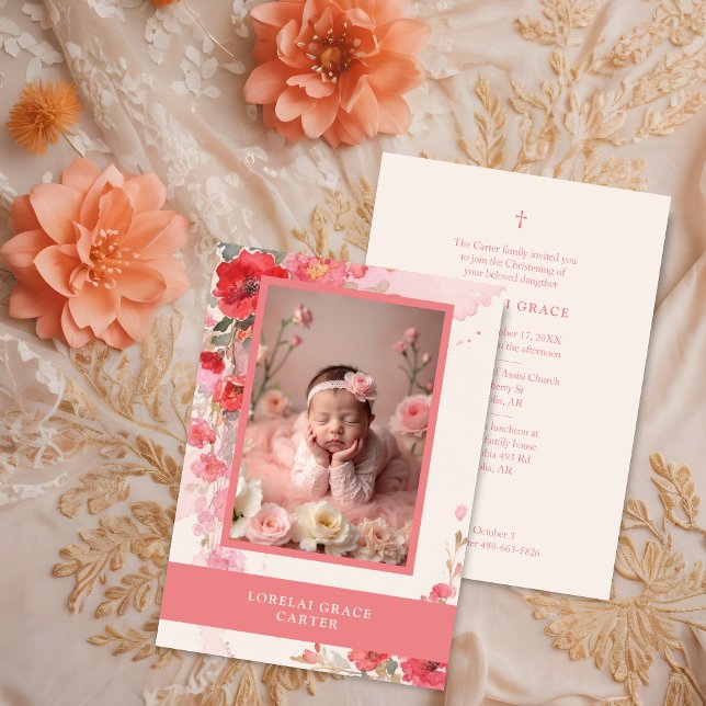 Adorable Sweet Pastel Coral Floral Photo Baptism  Einladung (Adorable Sweet Pastel Coral Floral Illustration Baptism Invitation Card with Baby Photo.)