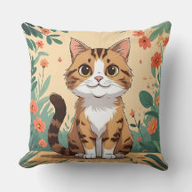 Adorable Tabby Cat in Blossom Garden Throw Pillow