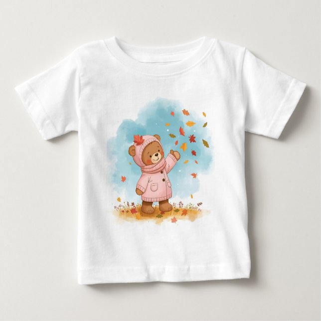 Adorable Teddy Bär Girl Fangen Herbstleaves Baby T-shirt (Vorderseite)