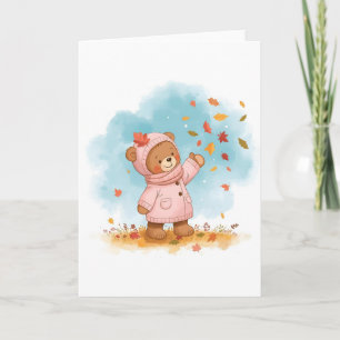 Adorable Teddy Bär Girl Fangen Herbstleaves Karte