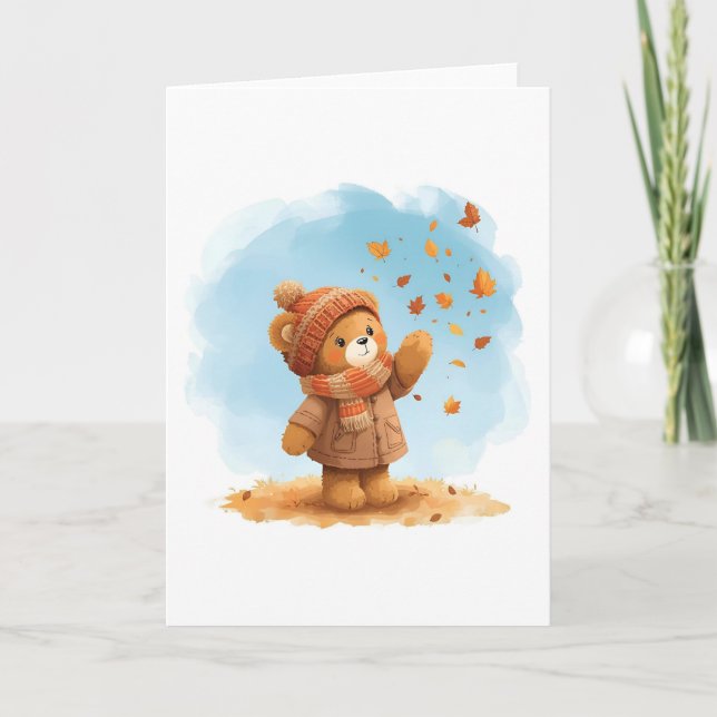 Adorable Teddy Bären Fangen Herbst Blätter Karte (Vorderseite)