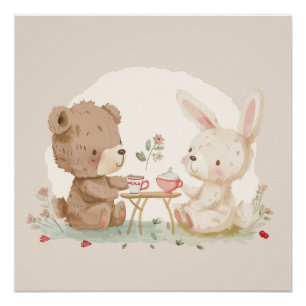 Adorable Teddy Bear and Bunny Go - KI Art Poster