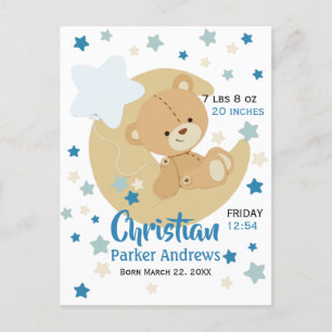 Adorable Teddy Bear Baby Boy Birth Stats Ankündigungspostkarte
