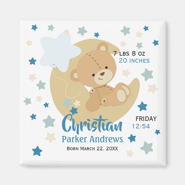 Adorable Teddy Bear Baby Boy Birth Stats Magnet (Vorne)