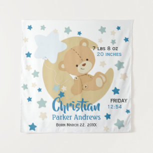 Adorable Teddy Bear Baby Boy Birth Stats Wandteppich