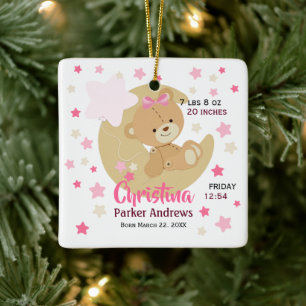 Adorable Teddy Bear Baby Girl Birth Stats Keramikornament