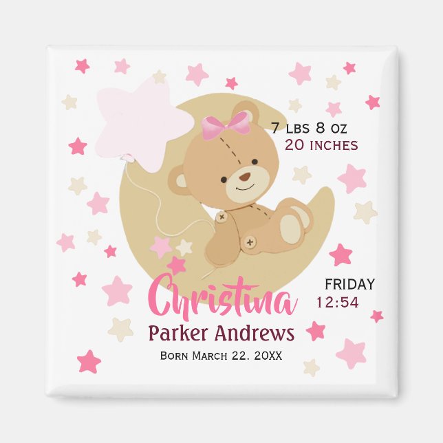 Adorable Teddy Bear Baby Girl Birth Stats Magnet (Vorne)