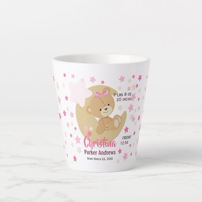 Adorable Teddy Bear Baby Girl Birth Stats Milchtasse (Vorderseite)