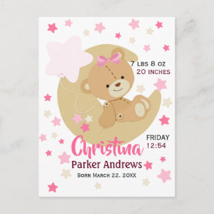 Adorable Teddy Bear Baby Girl Birth Stats Postkarte