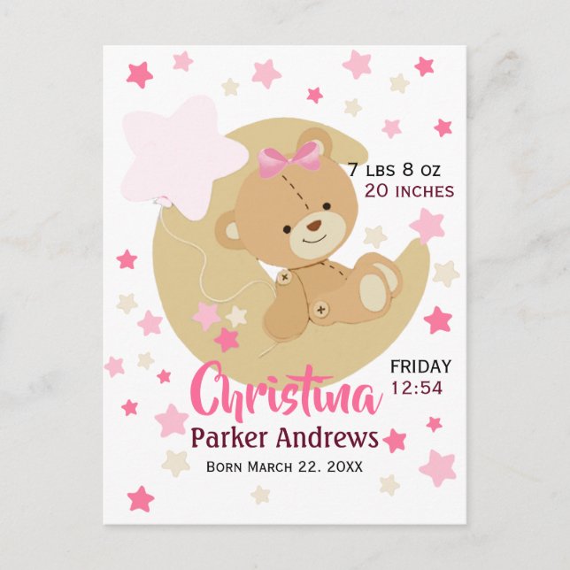 Adorable Teddy Bear Baby Girl Birth Stats Postkarte (Vorderseite)