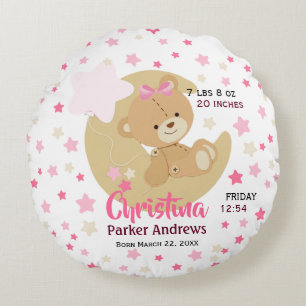 Adorable Teddy Bear Baby Girl Birth Stats Rundes Kissen