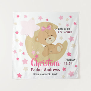 Adorable Teddy Bear Baby Girl Birth Stats Wandteppich