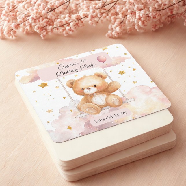 Adorable Teddy Bear Birthday – Custom Coaster Rechteckiger Pappuntersetzer (Von Creator hochgeladen)