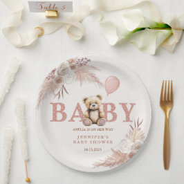 Adorable Teddy Bear Pink Boho Floral Girl Pappteller