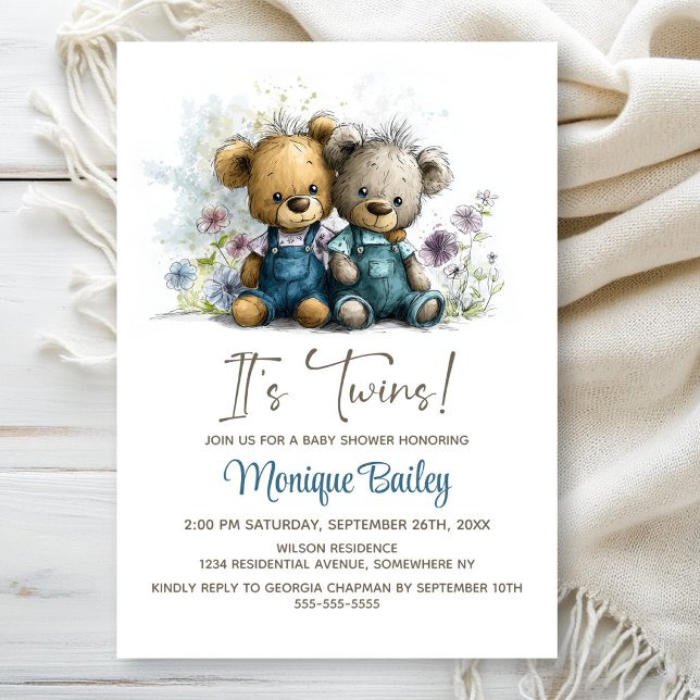 Adorable Teddy Bear Twins Baby Shower Einladung (Von Creator hochgeladen)