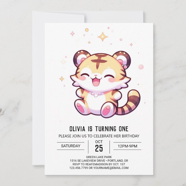 Adorable Tiger 1. Geburtstag Einladung (Vorderseite)