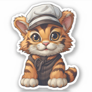 Adorable Tiger mit weißem Hut Wildtieriger Aufkleber