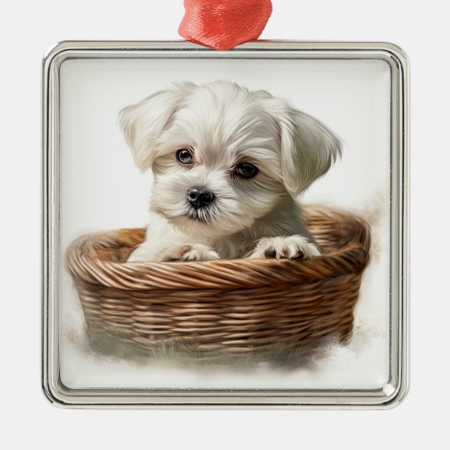 ADORABLE TINTENWEISSE MALTESISCHE PUPPY HUND ORNAMENT AUS METALL (Vorne)