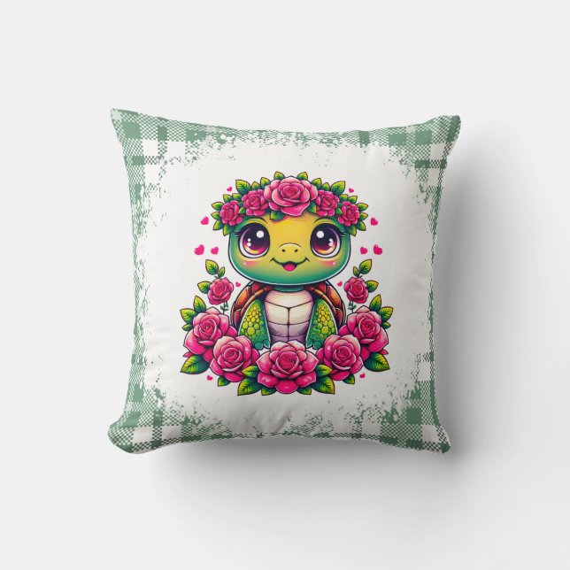 Adorable Turtle with Floral Crown Kissen (Vorderseite)