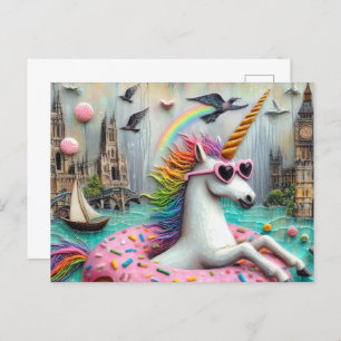 Adorable Unicorn, das auf einem Fluss in Doughnut  Postkarte