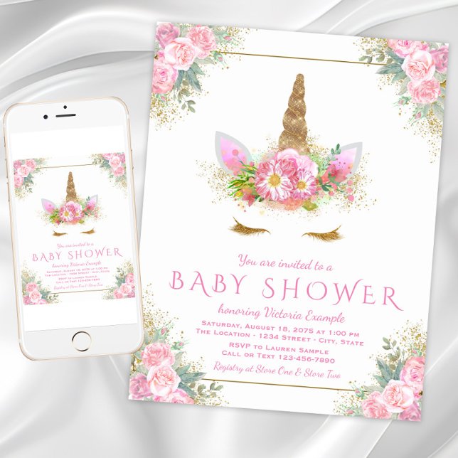 Adorable Unicorn Gesicht Baby Dusche Einladungen (Cute pink gold unicorn baby shower invitation. Instant download and printed invitations available.)