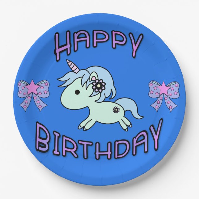 Adorable Unicorn Happy Birthday Ribbon Star Pappteller (Vorderseite)
