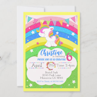 Adorable Unicorn on Rainbow Einladung zum Geburtst