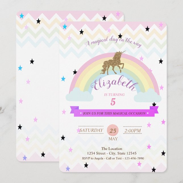 Adorable Unicorn, Regenbogenstars Einladung zum Ge (Vorne/Hinten)