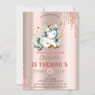 Adorable Unicorn,Rose Gold Tropfen Geburtstag Einladung