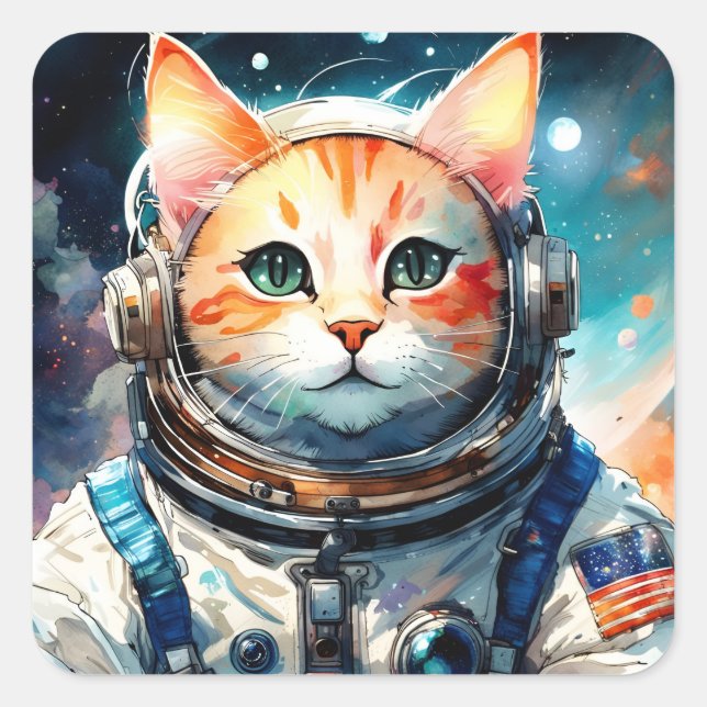 Adorable US Astronautenkatze Quadratischer Aufkleber (Vorderseite)