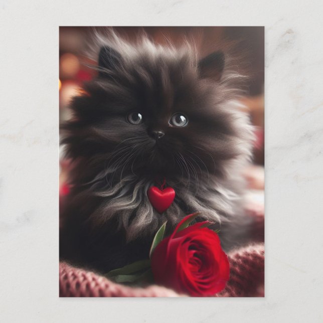 Adorable Valentine Black Kitten Postkarte (Vorderseite)
