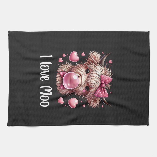 Adorable Valentine Highland Cow (weißer Text) Geschirrtuch (Horizontal)