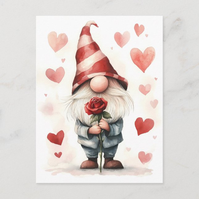 Adorable Valentine's Gnome: mit einer Rose Postkarte (Vorderseite)