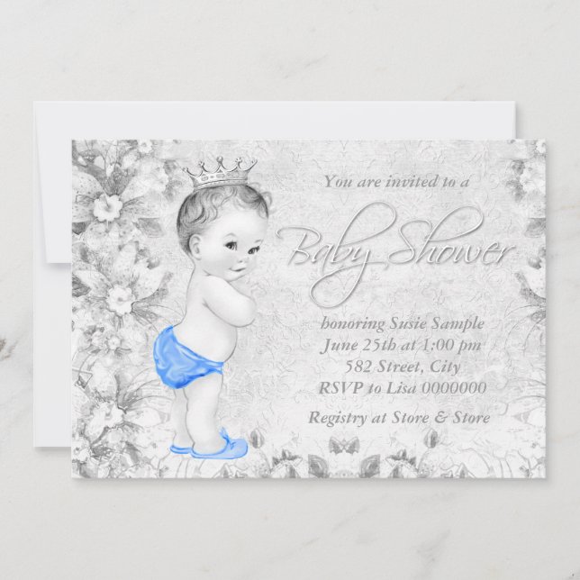 Adorable Vintag Boys Blue and Gray Baby Shower Einladung (Vorderseite)