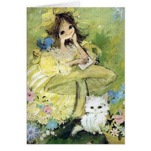 Adorable Vintag Girl mit Kitty and Bird