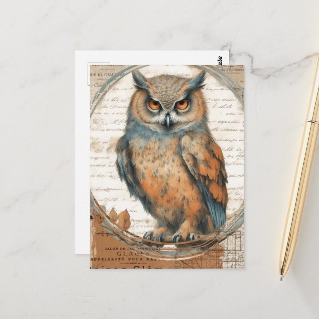 Adorable Vintage Owl Collage Postkarte (Vorderseite/Rückseite Beispiel)