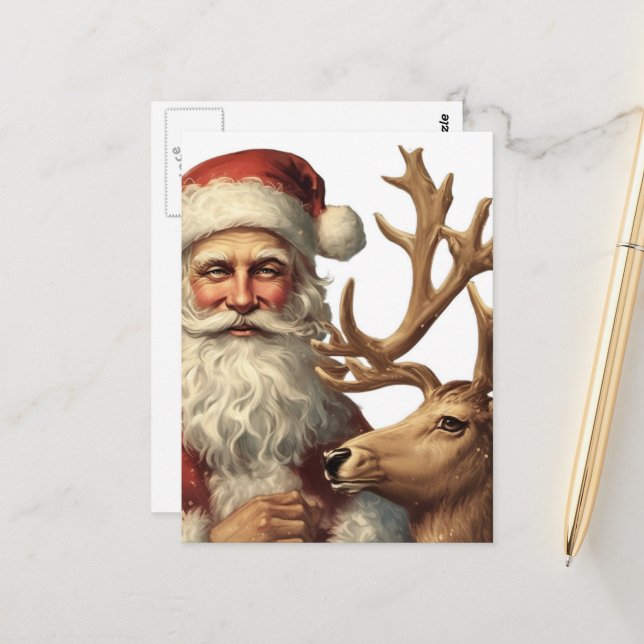 Adorable Vintage Santa and Reindeer Postkarte (Vorderseite/Rückseite Beispiel)