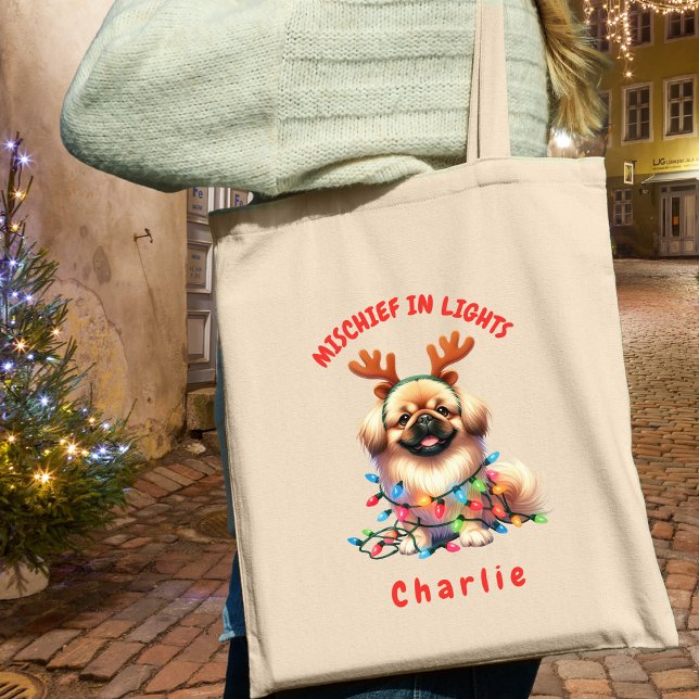 Adorable Wasserfarbe Niedlich Weihnachten Pekinges Tragetasche (Carry festive cheer with this custom fun Pekingese dog tote bag. A perfect gift for dog lovers.)