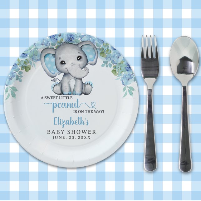 Adorable Watercolor Blue Elephant Baby shower Boy Pappteller (Von Creator hochgeladen)