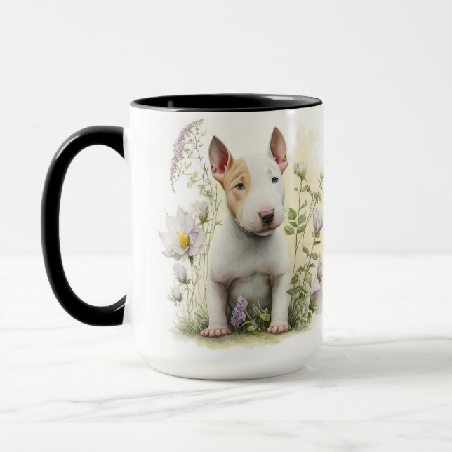 ADORABLE WATERCOLOR BROWN WHITE BULL TERRIER PUPPY TASSE (Links)