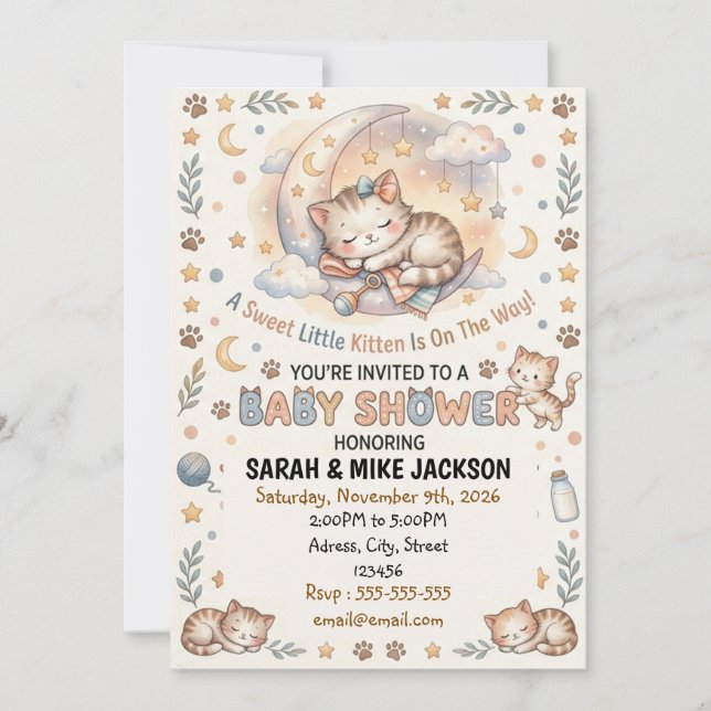 Adorable Watercolor Cat Themed Baby Shower Einladung (Vorderseite)