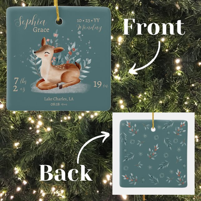 Adorable Watercolor Deer Baby Birth Stats Keramikornament (Von Creator hochgeladen)