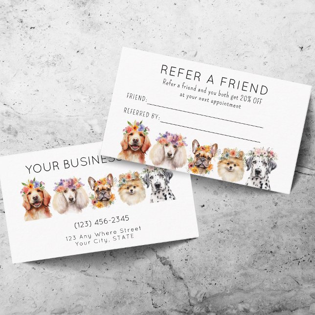 Adorable Watercolor Dog Grooming Refer a Friend Empfehlungskarte (Von Creator hochgeladen)