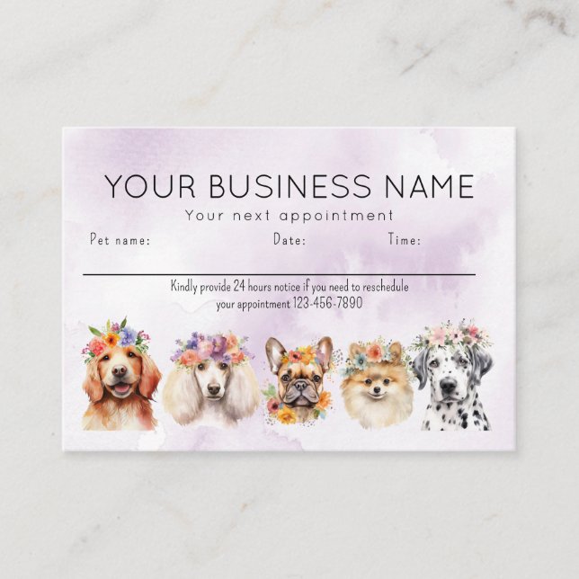 Adorable Watercolor Dogs Flowers, Purple Terminkarte (Vorderseite)