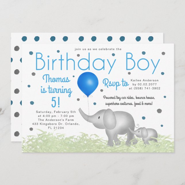 Adorable Watercolor Elephants Boy Birthday Party Einladung (Vorne/Hinten)