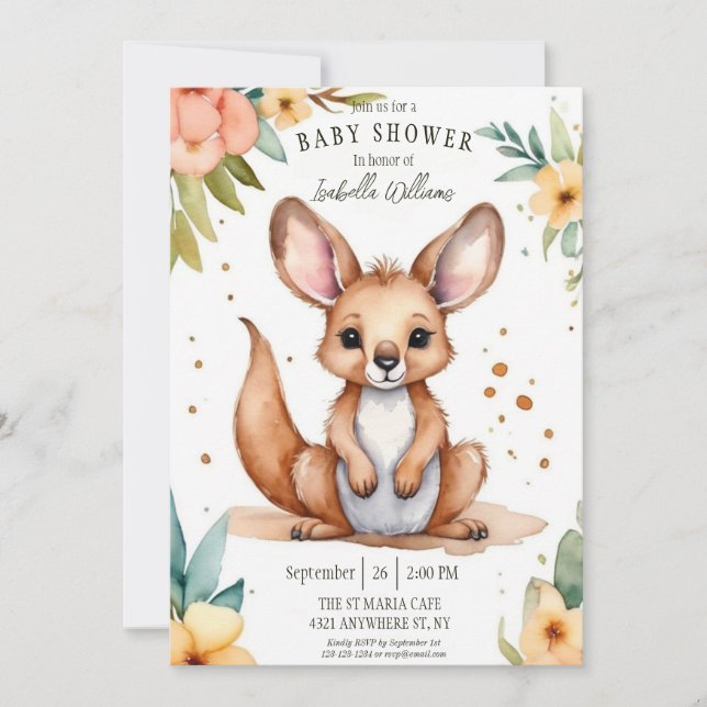 Adorable Watercolor Kleine Kangaroo Kinderdusche Einladung (Vorderseite)