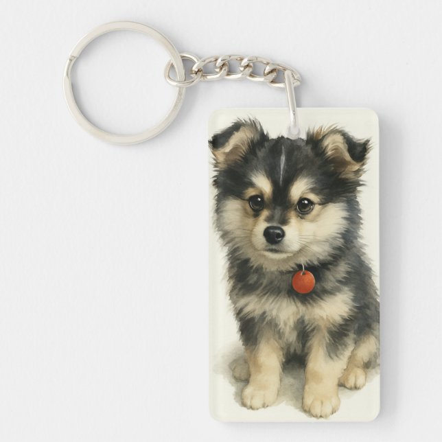 Adorable Watercolor Pomchi Puppy Portrait  Schlüsselanhänger (Vorderseite)