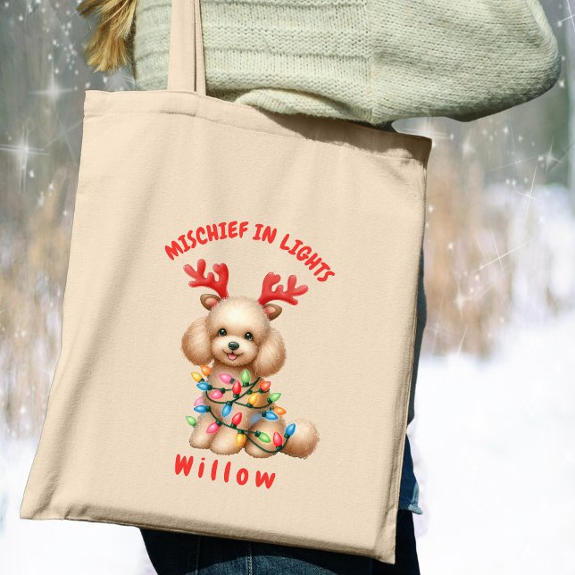 Adorable Watercolor Poodle Weihnachtsleuchten Hund Tragetasche (Carry festive cheer with this custom fun Poodle dog tote bag. A perfect gift for dog lovers.)